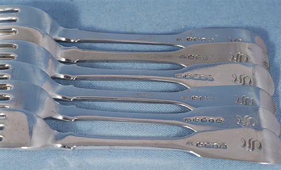 A set of six George IV silver fiddle pattern table forks, by Randall Chatterton, Length 202mm, weight 13.9oz/434grms